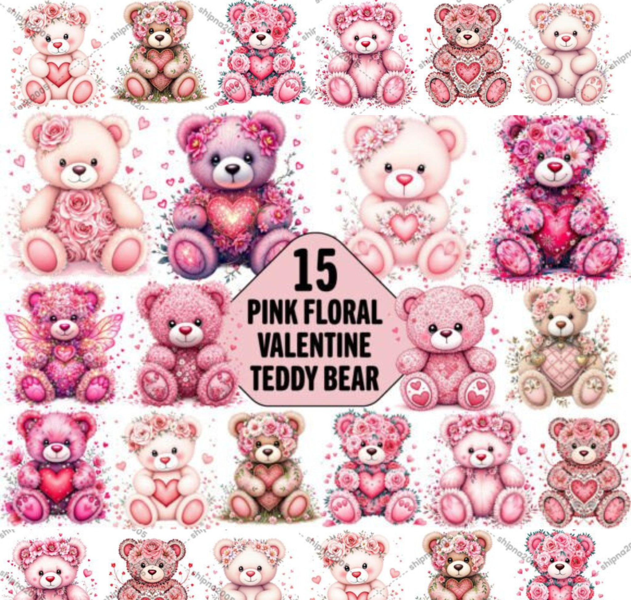 Pink Floral Valentine Teddy Bear Clipart