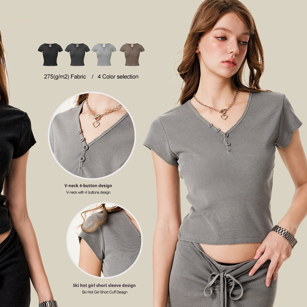 American Retro Design Hot Girl Slim Top Button V-neck Shoulder Short Sleeve